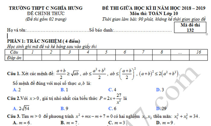 Đề kiểm tra giữa học kì 2 lớp 10 môn Toán - THPT C Nghĩa Hưng 2019