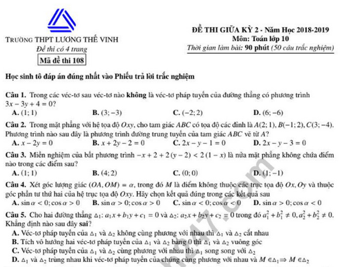 Đề thi giữa học kì 2 lớp 10 môn Toán - THPT Lương Thế Vinh 2019