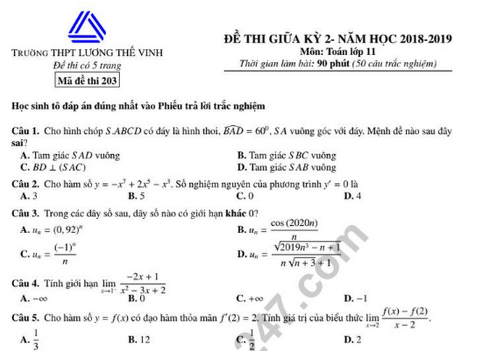 Đề thi giữa học kì 2 lớp 11 môn Toán - THPT Lương Thế Vinh 2019