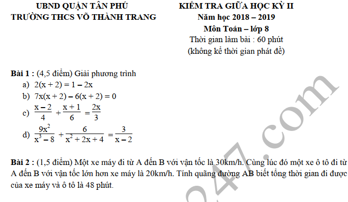 Đề thi giữa kì 2 môn Toán lớp 8 - THCS Võ Thành Trang 2019