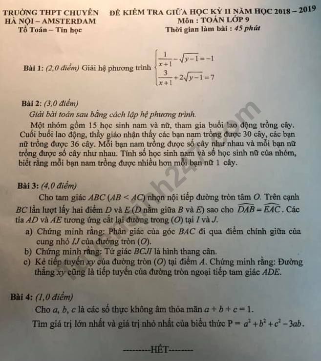Đề thi giữa kì 2 môn Toán lớp 9 - Chuyên Amsterdam Hà Nội 2019