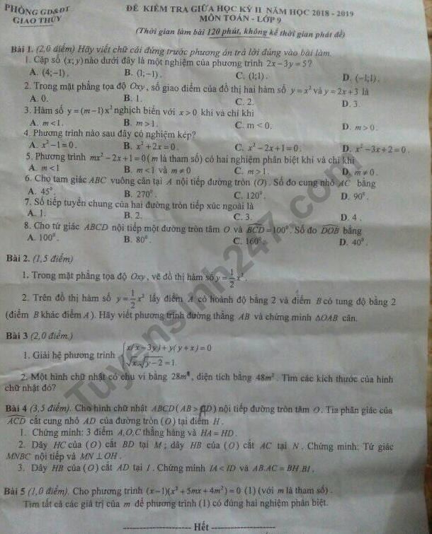 Đề thi giữa kì 2 môn Toán lớp 9 - Phòng GD Giao Thủy 2019