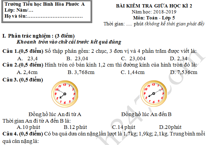 Đề thi giữa kì 2 lớp 5 môn Toán 2019 - TH Bình Hòa Phước A