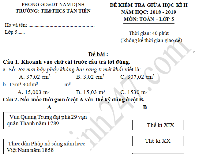 Đề thi giữa kì 2 môn Toán lớp 5 THCS Tân Tiến 2019