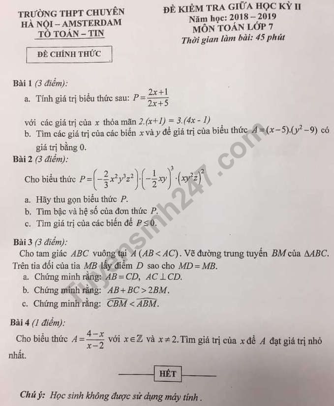 Đề thi giữa kì 2 môn Toán lớp 7 - THPT Chuyên Amsterdam HN 2019
