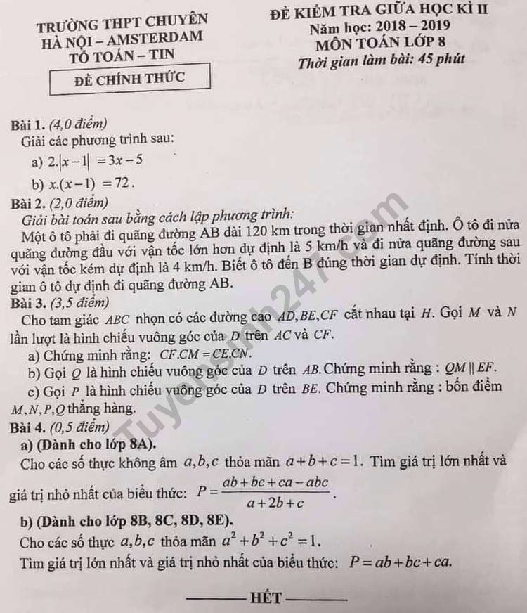 Đề thi giữa kì 2 môn Toán lớp 8 năm 2019 - THPT Chuyên Amsterdam HN