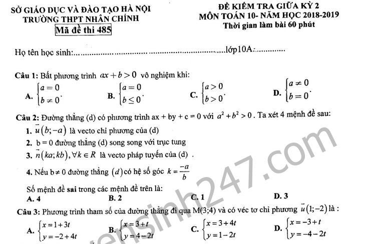 Đề thi giữa kì 2 lớp 10 môn Toán  2019 - THPT Nhân Chính