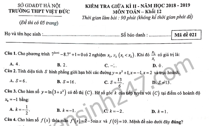 Đề thi giữa kì 2 lớp 12 môn Toán - THPT Việt Đức 2019