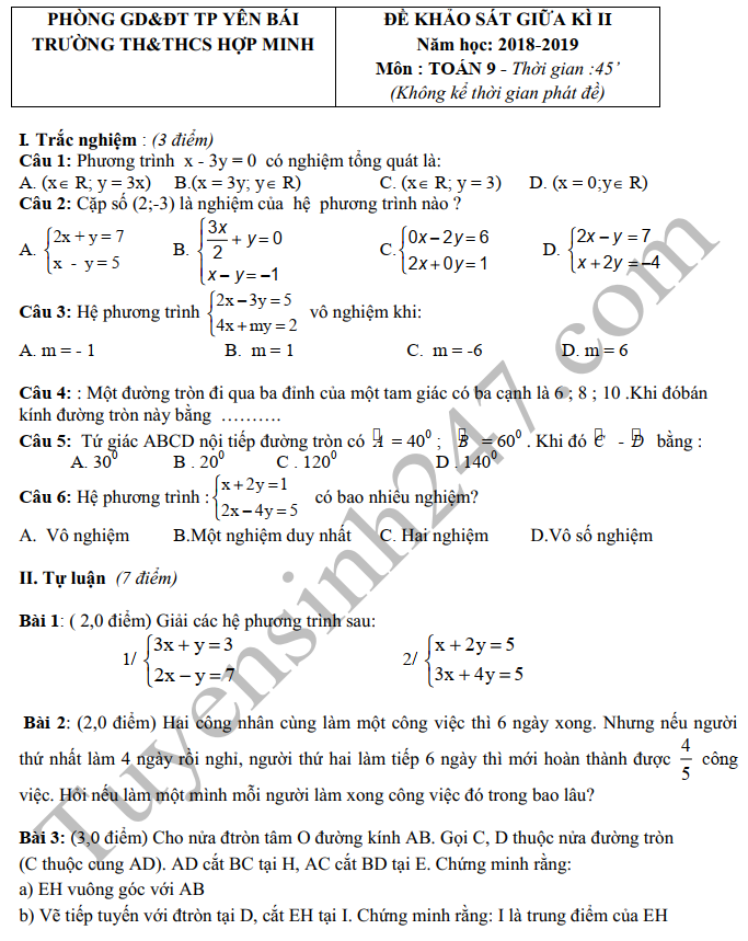 Đề thi giữa kì 2 lớp 9 môn Toán - THCS Hợp Minh 2019