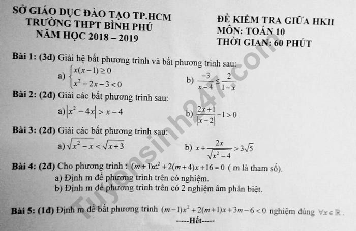 Đề kiểm tra giữa kì 2 lớp 10 môn Toán 2019 - THPT Bình Phú