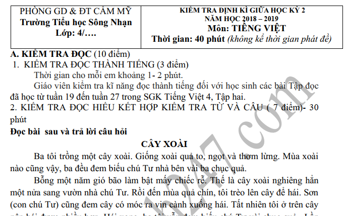Đề thi giữa kì 2 môn Tiếng Việt lớp 4 - TH Sông Nhạn 2019