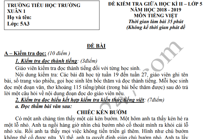 Đề thi giữa kì 2 lớp 5 môn Tiếng Việt - TH Trường Xuân 2019