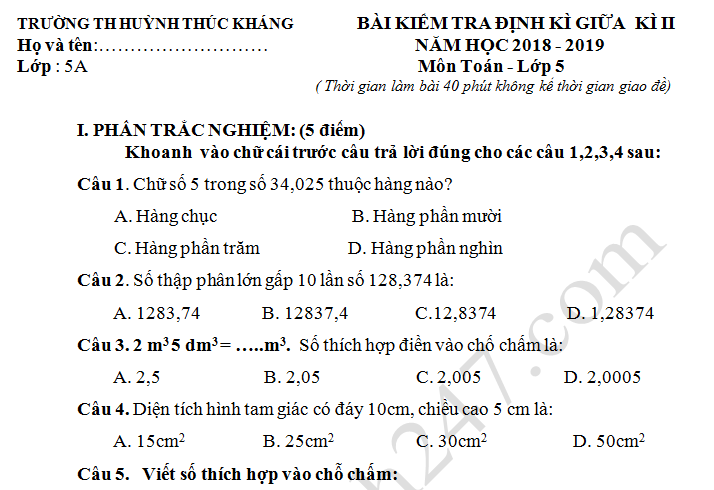 Đề thi giữa kì 2 môn Toán lớp 5 năm 2019 - TH Huỳnh Thúc Kháng