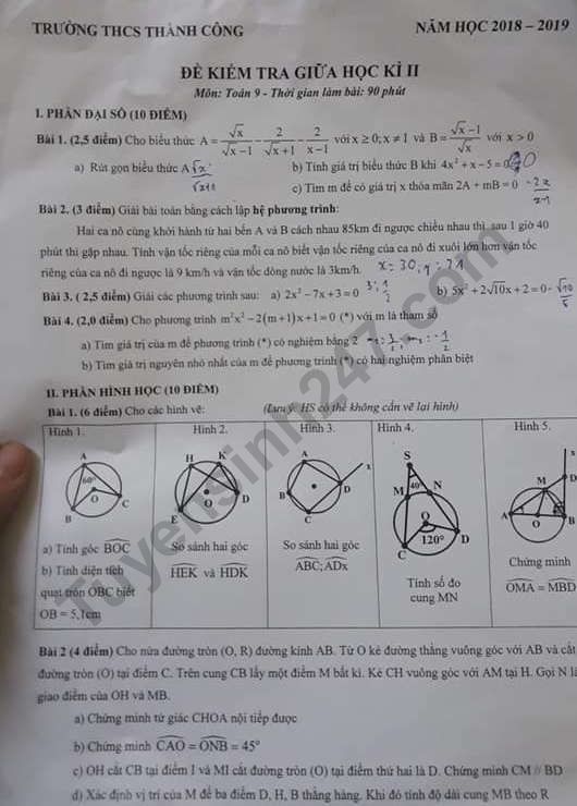 Đề thi giữa kì 2 môn Toán lớp 9 - THCS Thành Công 2019