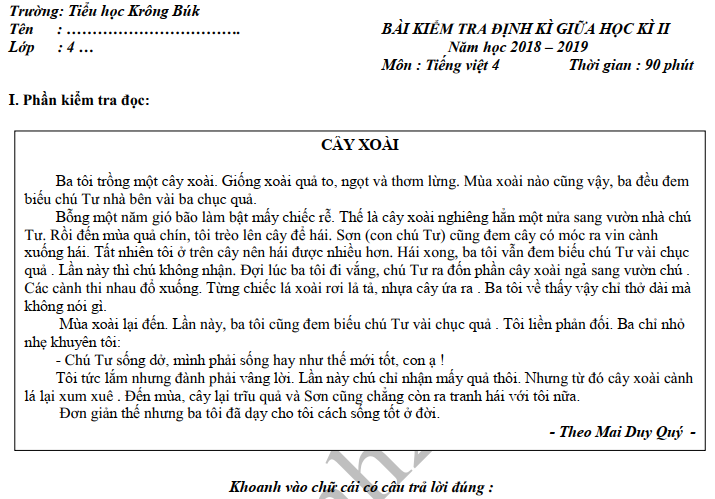 Đề kiểm tra giữa kì 2 lớp 4 môn Tiếng Việt - TH Krông Búk 2019