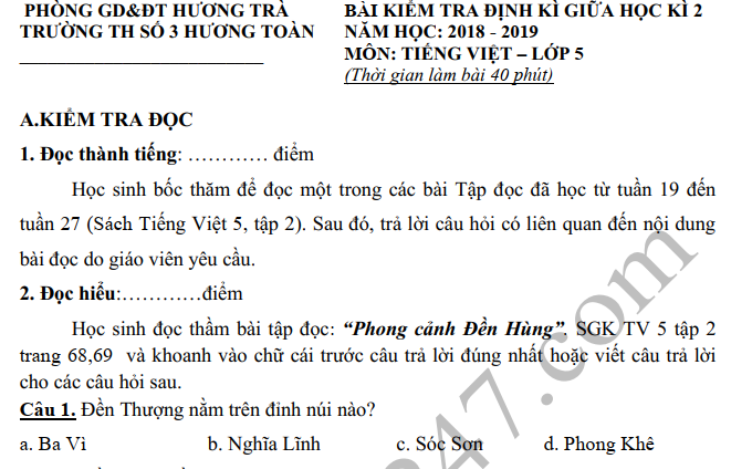 Đề thi giữa kì 2 môn Tiếng Việt lớp 5 - TH Số 3 Hương Toàn 2019