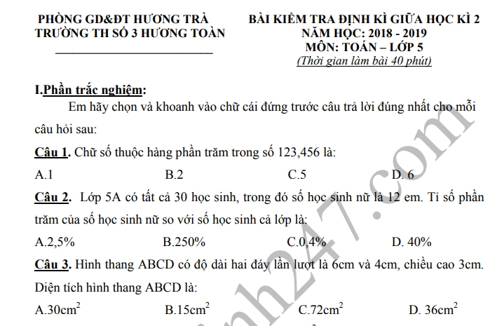 Đề thi giữa kì 2 lớp 5 môn Toán 2019 - TH Số 3 Hương Toàn