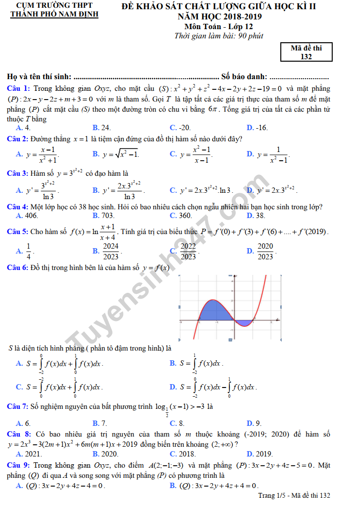 Đề thi giữa kì 2 môn Toán lớp 12 - Cụm sở GD Nam Định 2019