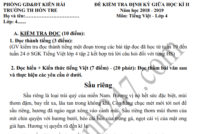Đề thi giữa kì 2 môn Tiếng Việt lớp 4 - TH Hòn Tre 2019
