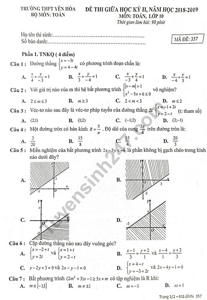 Đề thi giữa học kì 2 lớp 10 môn Toán - THCS Yên Hòa 2019