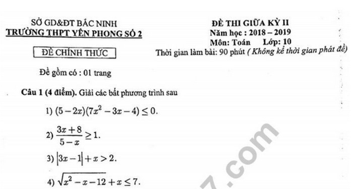 Đề thi giữa học kì 2 lớp 10 môn Toán - THPT Yên Phong Số 2 năm 2019