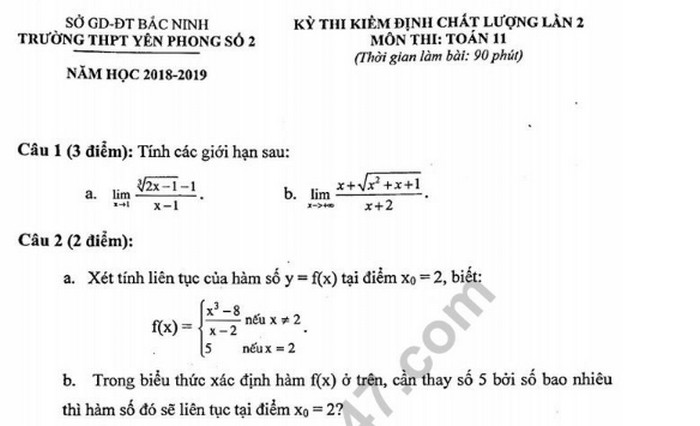 Đề thi giữa kì 2 lớp 11 môn Toán - THPT Yên Phong Số 2 năm 2019