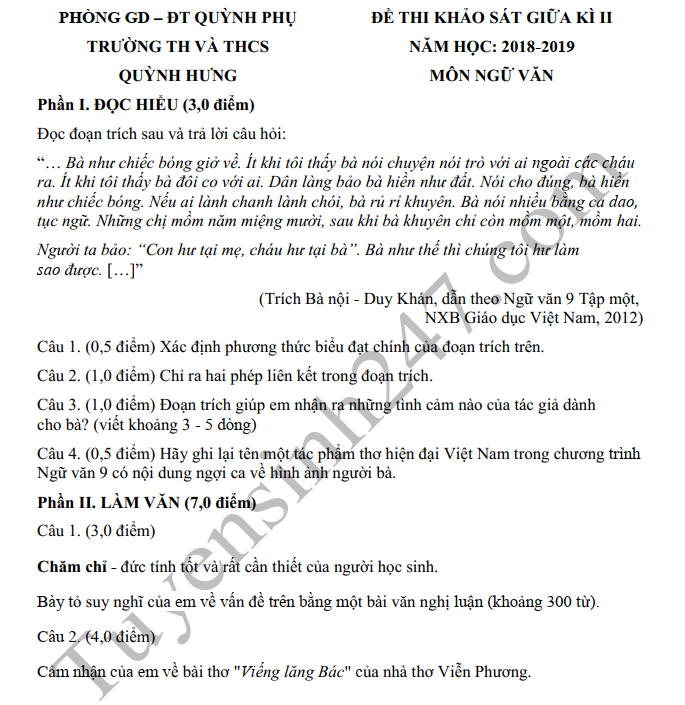 Đề thi giữa kì 2 môn Văn lớp 9 - THCS Quỳnh Hưng 2019