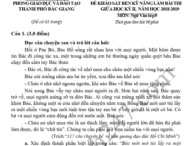 Đề thi giữa học kì 2 môn Văn lớp 9 năm 2019 - TP Bắc Giang