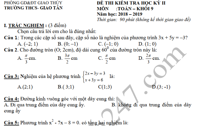 Đề thi học kì 2 lớp 9 môn Toán THCS Giao Tân 2019
