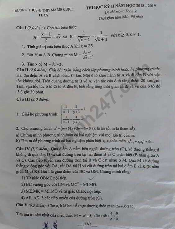Đề thi học kì 2 môn Toán lớp 9 năm 2019 - THCS Marie Curie