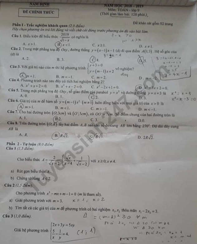 Đề thi kì 2 môn Toán lớp 9 - Nam Định năm 2019 Có đáp án