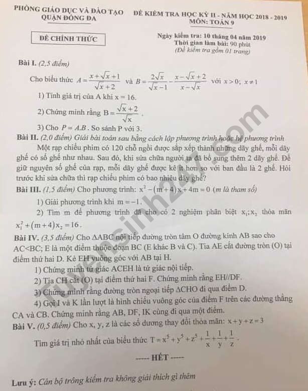 Đề thi kì 2 môn Toán lớp 9 năm 2019 Quận Đống Đa - Có đáp án