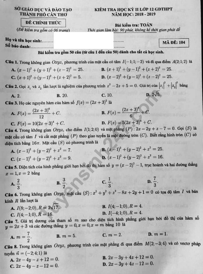 Đề thi kì 2 lớp 12 môn Toán 2019 - Sở GD Cần Thơ