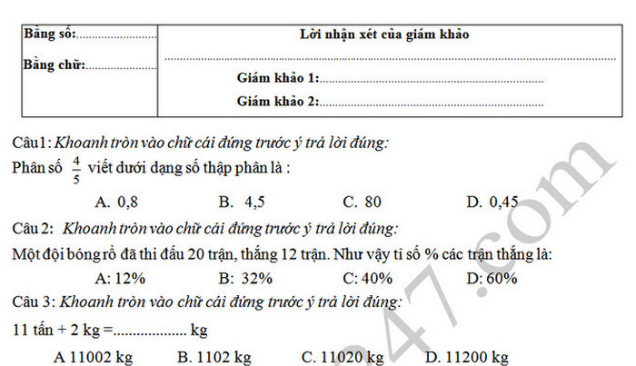 Đề kiểm tra học kì 2 lớp 5 môn Toán 2019 - TH Số 1 Quảng Hòa