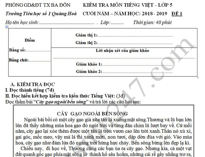 Đề thi học kì 2 Tiếng Việt lớp 5 2019 - TH Số 1 Quảng Hòa 