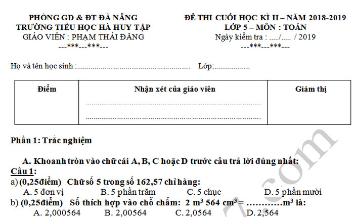 Đề thi học kì 2 môn Toán lớp 5  - TH Hà Huy Tập 2019