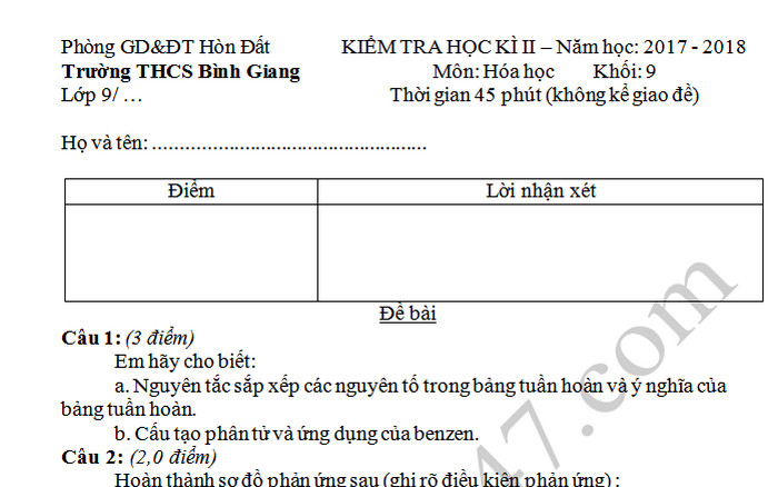 Đề thi học kì 2 lớp 9 môn Hóa 2018 - THCS Bình Giang 