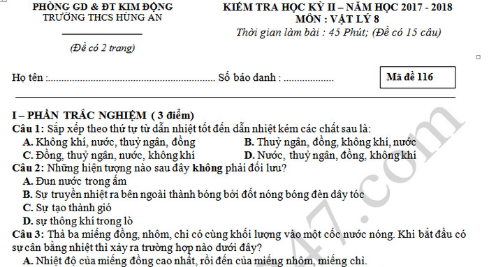 Đề kiểm tra học kì 2 lớp 8 môn Lý- THCS Hùng An 2018