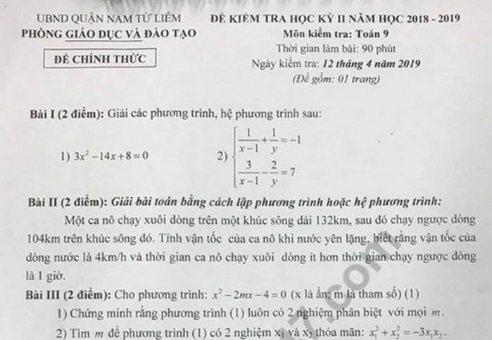 Đề kiểm tra học kì 2 lớp 9 môn Toán - Quận Nam Từ Liêm 2019