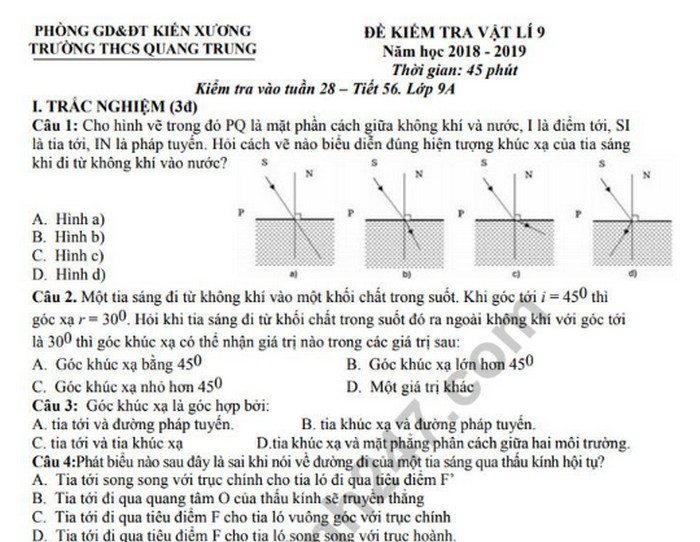 Đề thi học kì 2 lớp 9 môn Lý - THCS Quang Trung 2019