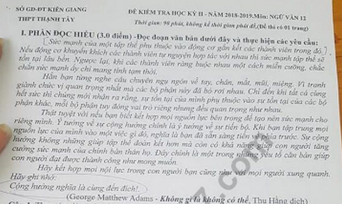 Đề thi học kì 2 lớp 12 môn Văn - THPT Thạnh Tây 2019