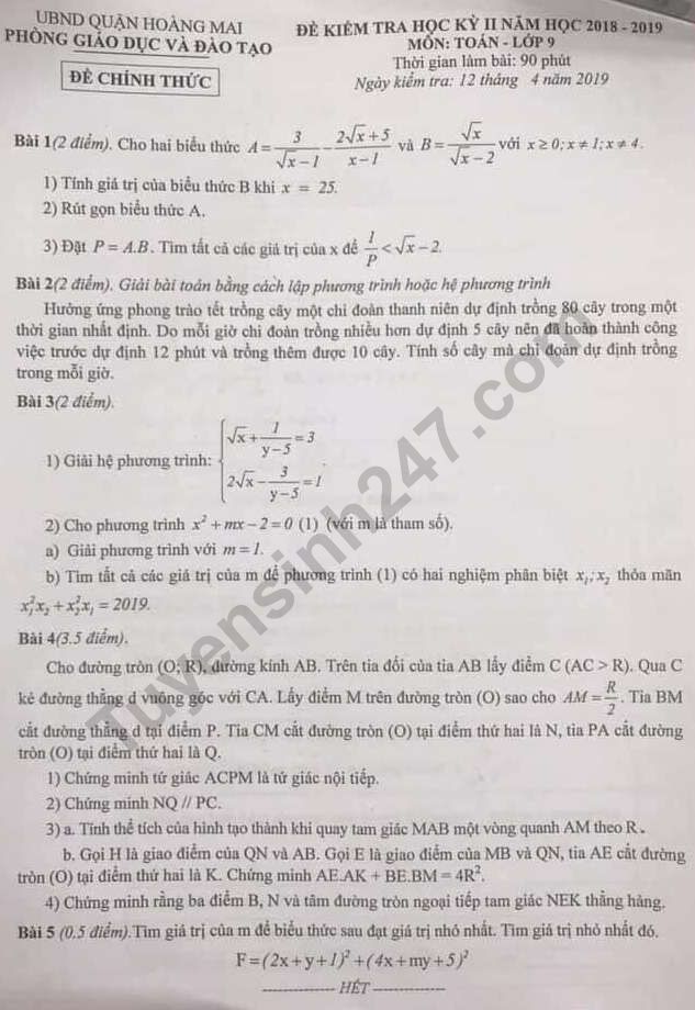Đề thi cuối kì 2 môn Toán lớp 9 năm 2019 - Quận Hoàng Mai