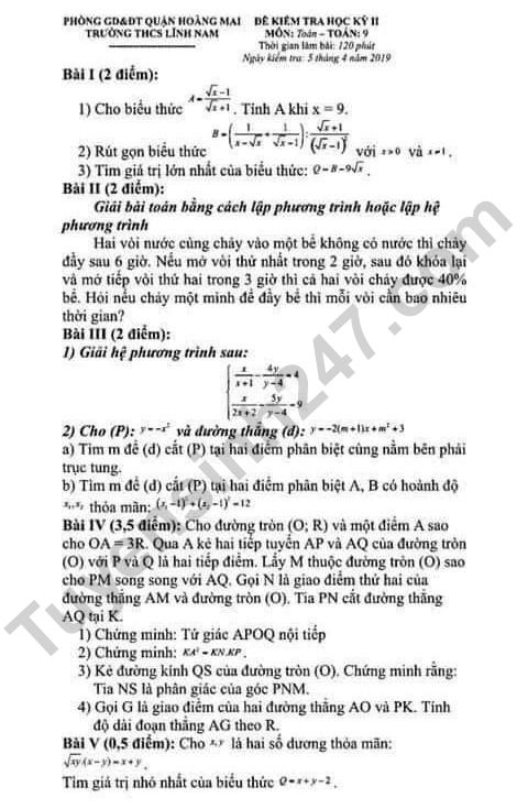 Đề thi kì 2 môn Toán lớp 9 năm 2019 - THCS Lĩnh Nam