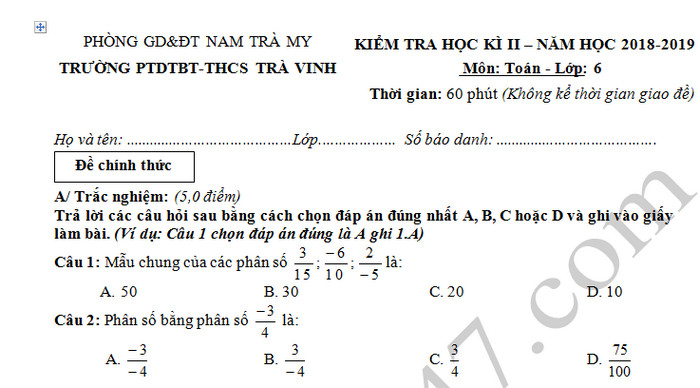 Đề thi học kì 2 lớp 6 môn Toán - THCS Trà Vinh 2019