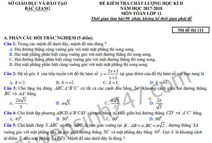 Đề thi kì 2 lớp 11 môn Toán Sở GD Bắc Giang 2018 -  Có đáp án 