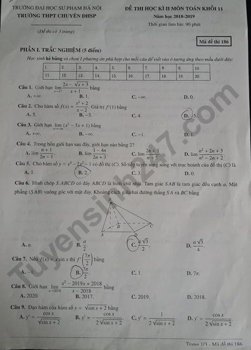 Đề thi cuối kì 2 lớp 11 môn Toán - Chuyên Sư phạm Hà Nội 2019