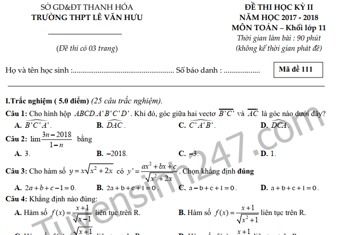 Đề thi kì 2 lớp 11 môn Toán THPT Lê Văn Hưu 2018