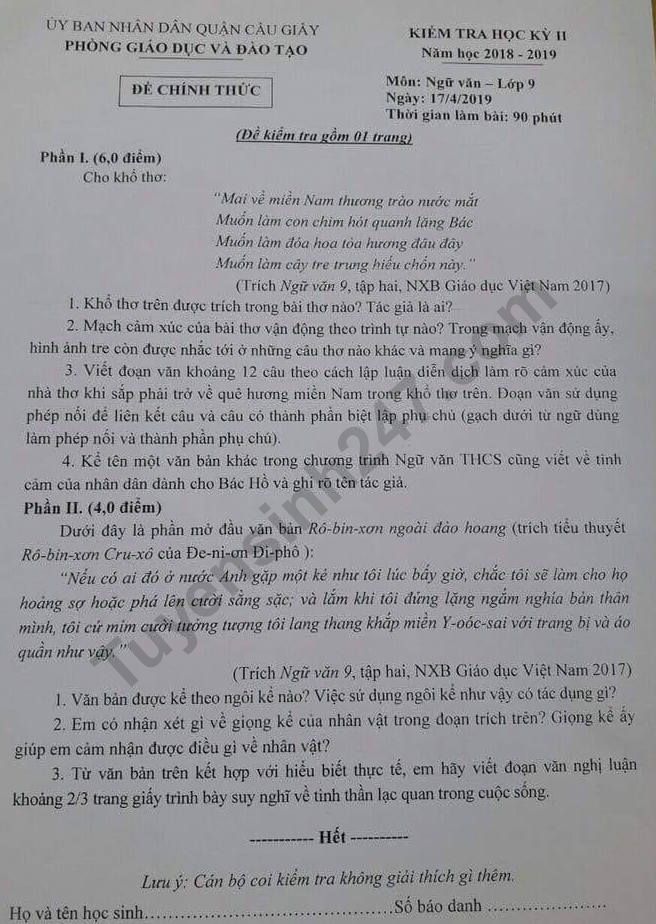 Đề thi học kì 2 môn Văn lớp 9 Quận Cầu Giấy 2019 - Có đáp án
