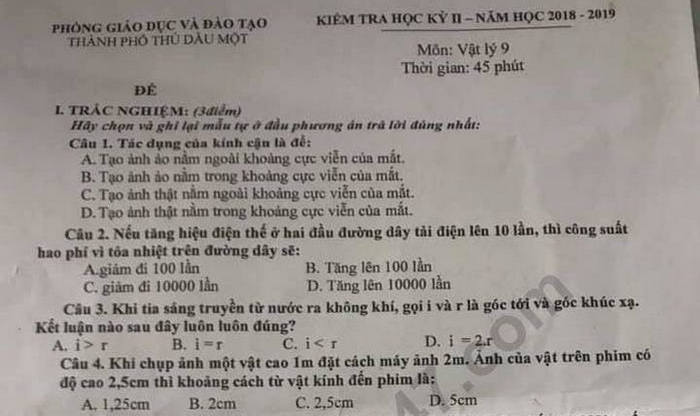 Đề thi học kì 2 lớp 9 môn Lý - Thành Phố Thủ Dầu Một 2019