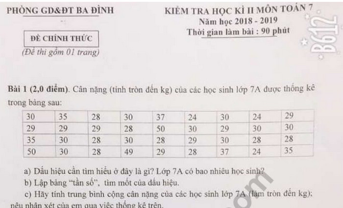 Đề thi học kì 2 lớp 7 môn Toán - Quận Ba Đình 2019